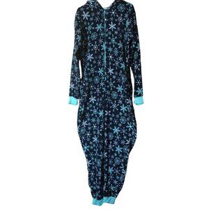 BODY CANDY ONE PIECE HOODED PLUSH PAJAMAS SNOWFLAKES ZIP UP SIZE LARGE COMFY